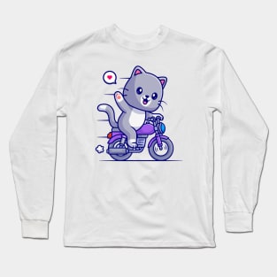 Cute Cat Riding Motorcycle Cartoon Long Sleeve T-Shirt